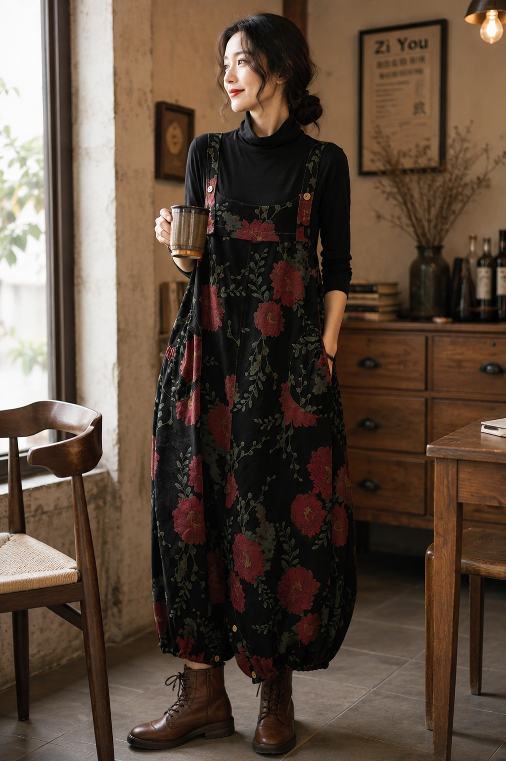 Salopette en denim floral sarouel